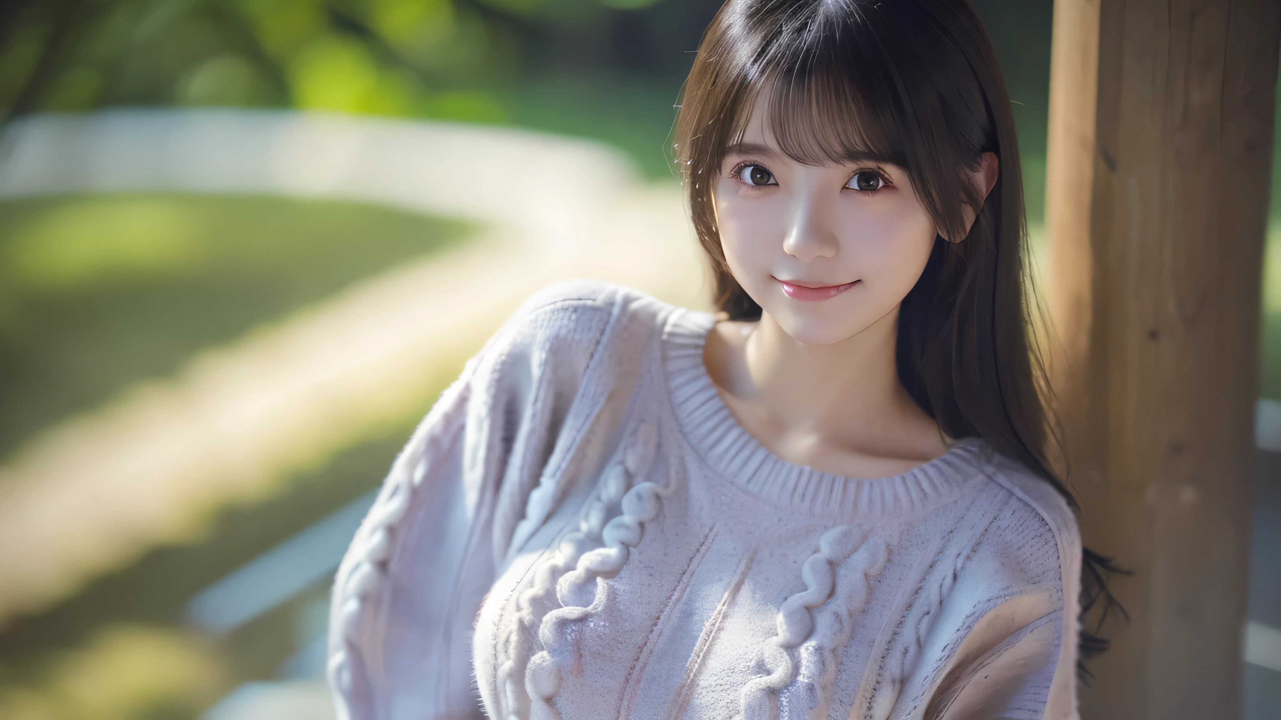 1 Japanese girl,(White sweater:1.4), (RAW Photos, highest quality), (Realistic, Photorealistic:1.4), Tabletop, Very delicate and beautiful, Very detailed, 8k wallpaper, wonderful, In detail, Very detailedなCG Unity, High resolution, Soft Light, Beautiful Details 19 years old, Very detailedな目と顔, Beautifully detailed nose, Beautiful fine details,Cinema Lighting,Perfect Anatomy,Slender body,smile  (Asymmetrical bangs,)
