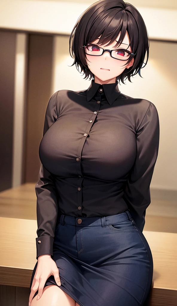 An anime girl with black and somewhat short hair, at shoulder height, wearing a short skirt and a tight button-down shirt, half open, highlighting your big breasts. She has a blush on her face from embarrassment, has a provocative look. She's pretty sexy. She is looking at your breasts