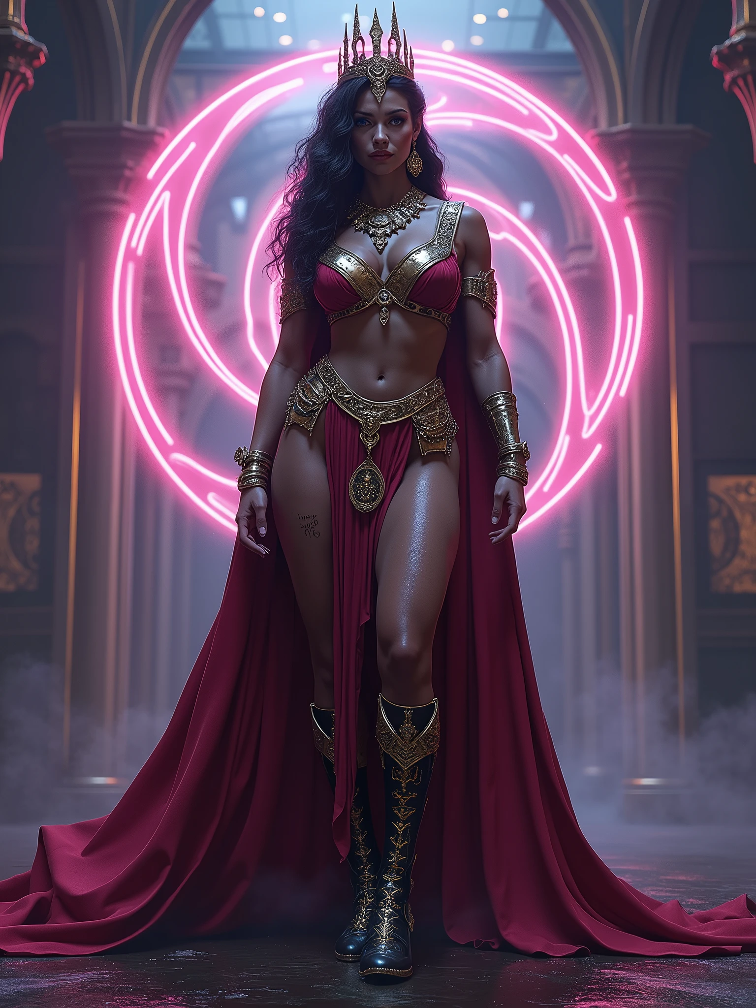 Fit brazilian bombshell with dark skin wearing a carnival outfit, covered in glitter, medium breasts exposed, large ass, ripped abs, high heels, full body, realistic