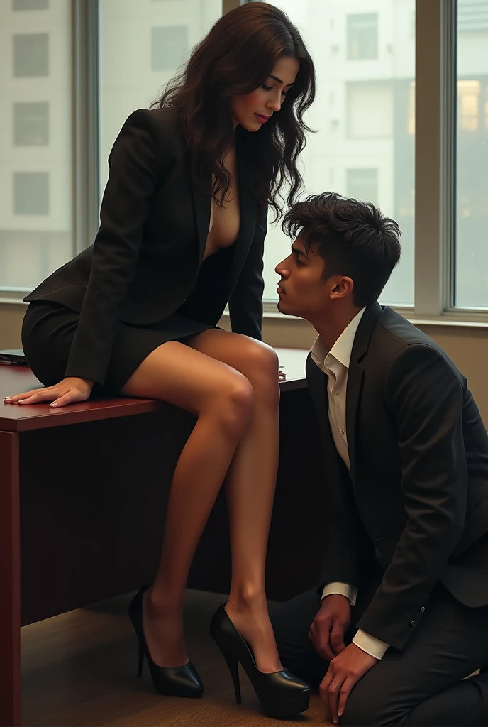A jaded 25-year-old Singaporean office worker in a black skirt having steamy sex on the desk, nighttime, tanned, ultra high definition, photorealistic, 4K, dim fluorescent lighting, perspiration, sex in pussy with hard cock