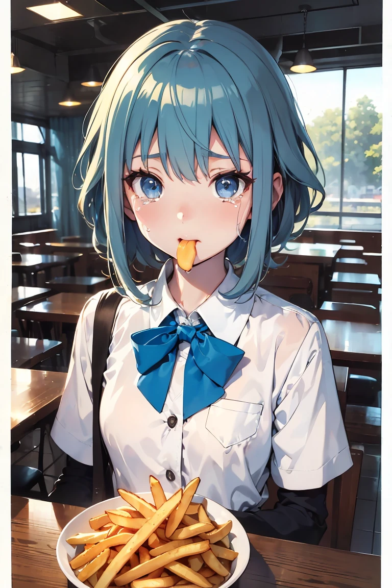 (((beautiful detailed)))(cute face:1.2)1girl, A girl stuffing her face with french fries, Girl crying while eating a pile of french fries, Inside a 2000s-style diner, 1950s-style interior, light Navy blue hair, blue eyes, A short-sleeved white shirt with four vertical bow ties, Ahoge, long bob cut with fluffy hair(sharp lines:1.2)(clear line:1.2)(eye details:1.3)(thick border:1.4) animation cel style,ligne claire, limited palette((masterpiece, high quality, best quality))(low contrast: 0.5),Anna yanami, blue hair, blue eyes, school uniform, makeine, too many losing heroines,Watercolor style, watercolor pencil, paper texture,90s style,Anna yanami, blue hair, blue eyes, school uniform, makeine, too many losing heroines, 