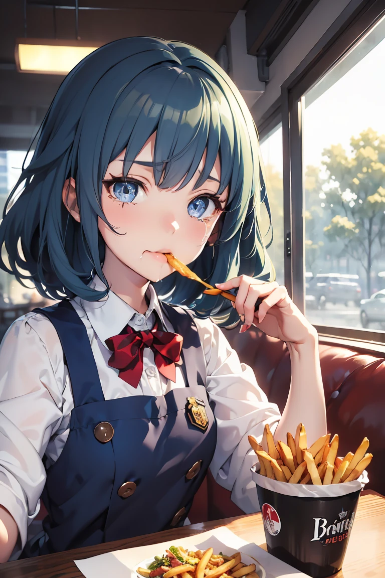 (((beautiful detailed)))(cute face:1.2)1girl, A girl stuffing her face with french fries, Girl crying while eating a pile of french fries, Inside a 2000s-style diner, 1950s-style interior, light Navy blue hair, blue eyes, A short-sleeved white shirt with four vertical bow ties, Ahoge, long bob cut with fluffy hair(sharp lines:1.2)(clear line:1.2)(eye details:1.3)(thick border:1.4) animation cel style,ligne claire, limited palette((masterpiece, high quality, best quality))(low contrast: 0.5),Anna yanami, blue hair, blue eyes, school uniform, makeine, too many losing heroines,Watercolor style, watercolor pencil, paper texture,90s style,Anna yanami, blue hair, blue eyes, school uniform, makeine, too many losing heroines, 