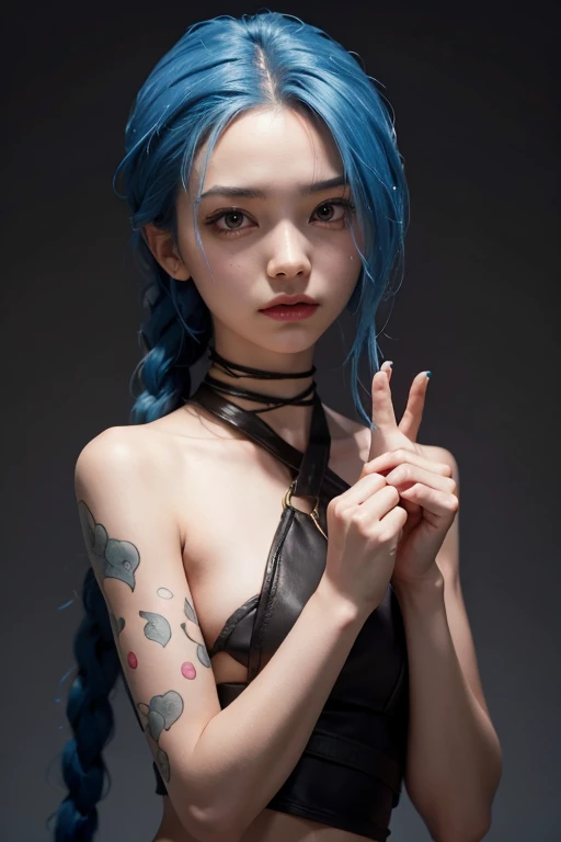 (masterpiece, best quality), nojiko, hairband, blue hair,yellow tank top,jins,tatto,