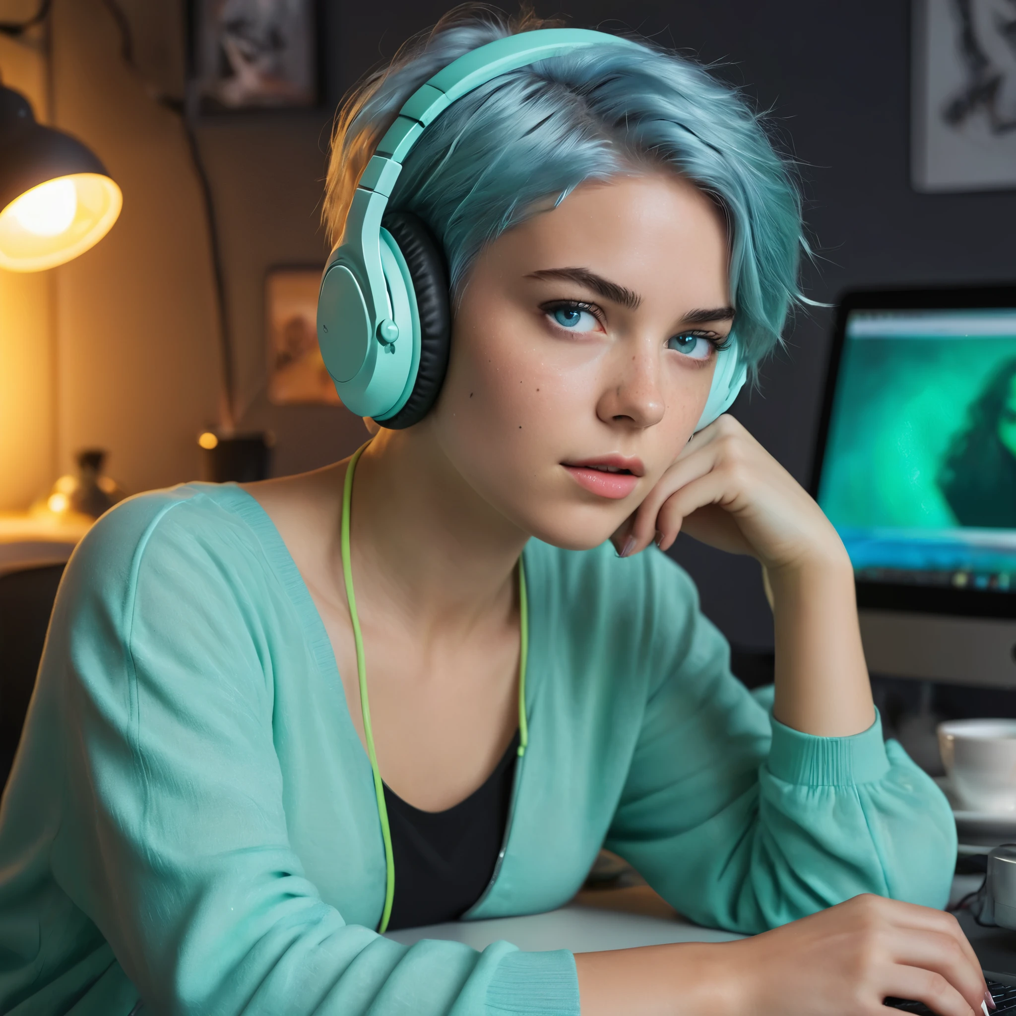 Woman, 20 years old, Nordic ethnicity, short blue hair with a perfect face and light freckles, blue-green eyes, intense expression. She’s sitting at her studio desk, headphones on, looking at her laptop screen with a steaming coffee cup next to her. The atmosphere is futuristic, with neon lighting and a focus on the high-tech setup. ((Color palette - turquoise, neon green, yellow shades)), (best quality, 8k, masterpiece, ultra-detailed, photorealistic, studio lighting).