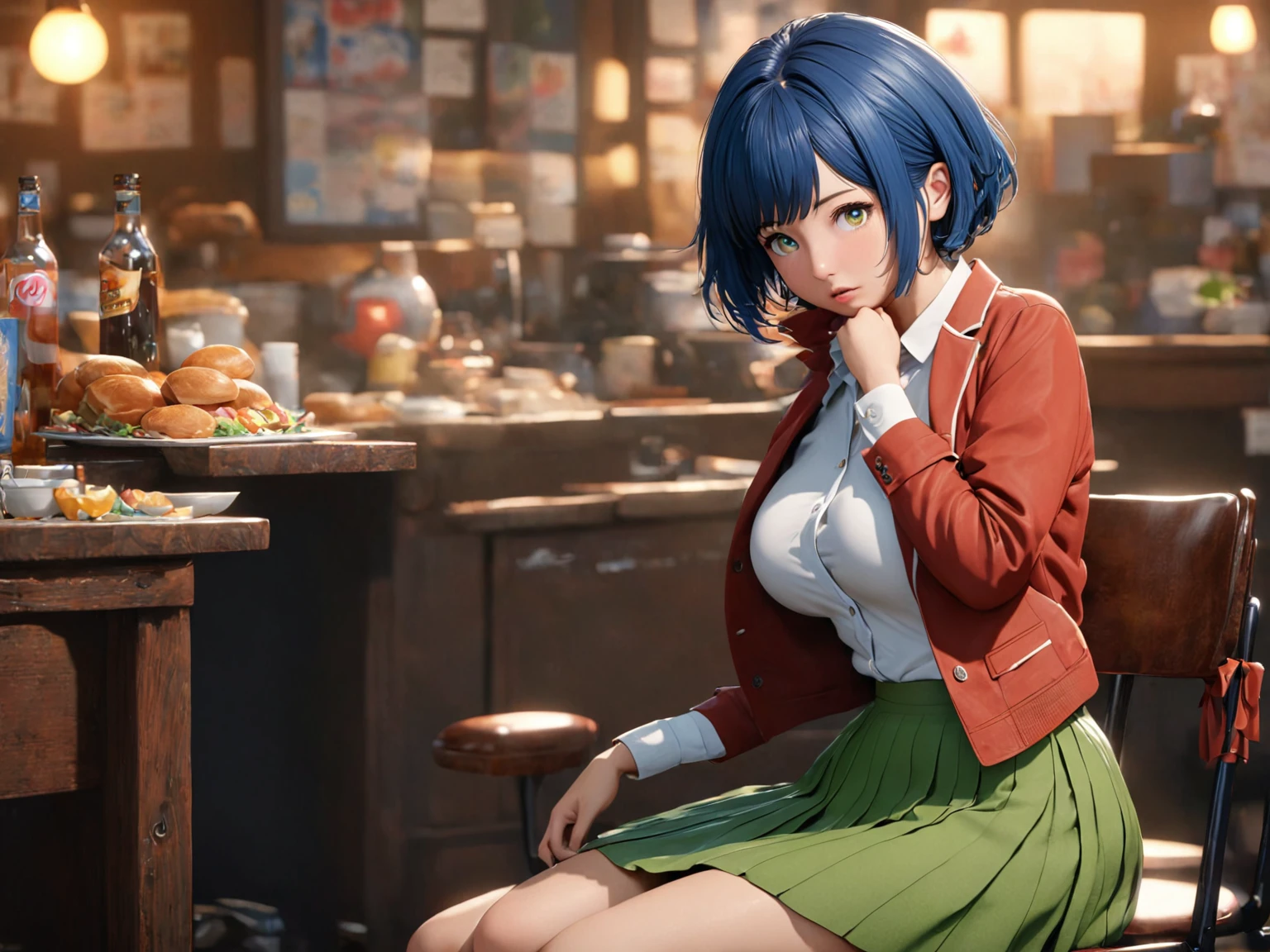 best quality,masterpiece,uncensored,prefect lighting,very aesthetic,anime,Ultra detailed,8k,(realistic:0.5),highly detailed,physics-based rendering,cinematic lighting,dynamic angle,illustration,break,(Hiromi Tamachi:1.3),1 girl ,blue hair,very short hair,brown eyes,detailed face,potbelly,curvy, medium tits,realistic skin,(beautiful eyes:1.3),(detail eyes:1.3),(detail hair:1.3), (break, pale red jacket over pink shirt,closed buttons,put a shirt on a skirt, yellow Bowknot Ribbon,a very long green skirt:1.3),loafers、Both elbows on the back of the office chair, chin in hands, legs open, pants visible,