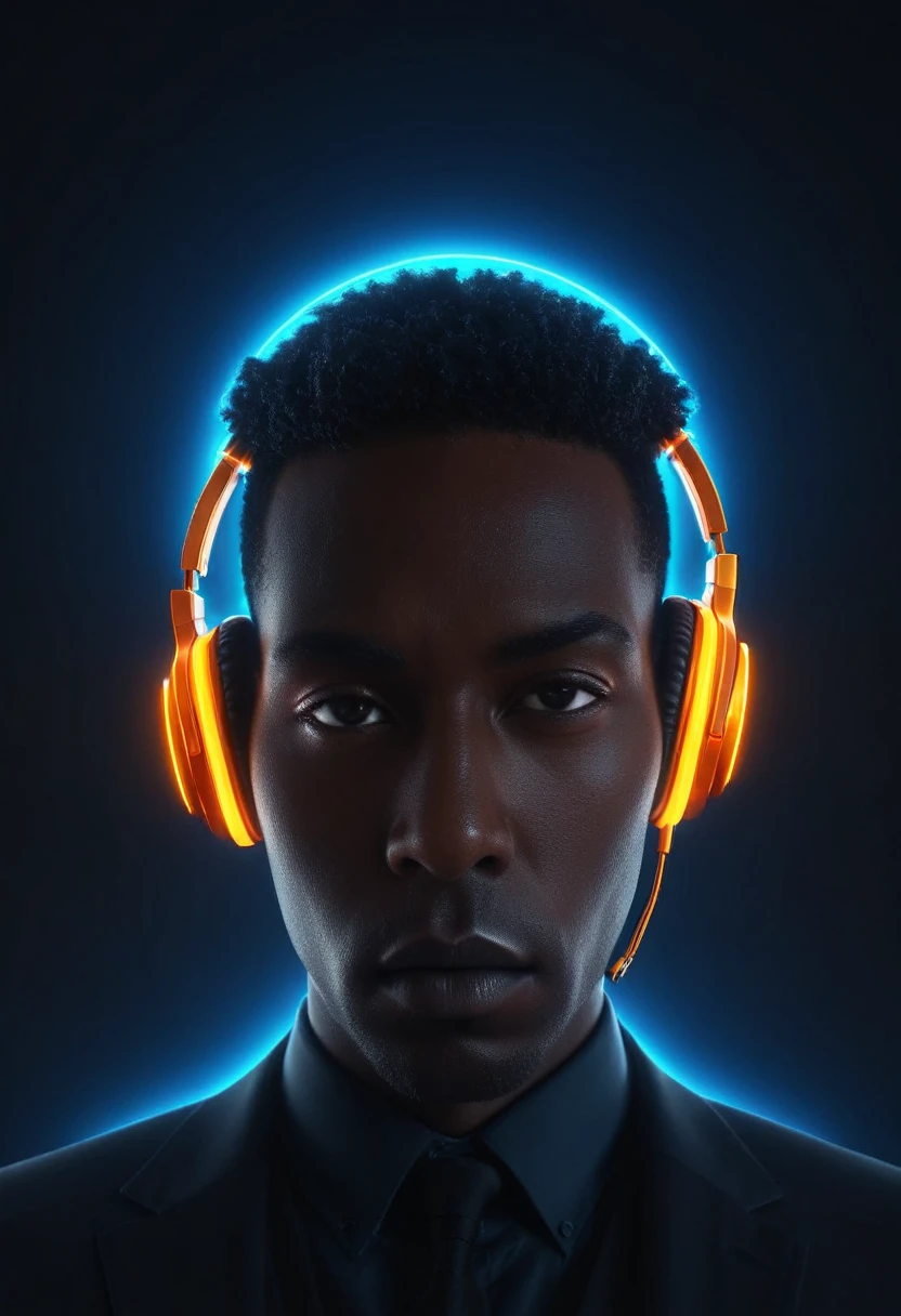 shawt in a Futuristic audio visualization, glowing orange headphones, abstract human silhouette, dark background, neon sound waves, digital art, cyberpunk aesthetic, 3D render, high contrast, symmetrical composition, sleek design, immersive audio experience, vibrant energy lines, pulsating rhythm, sci-fi mood, hyper-realistic detail, volumetric lighting, cinematic atmosphere, electronic music concept
