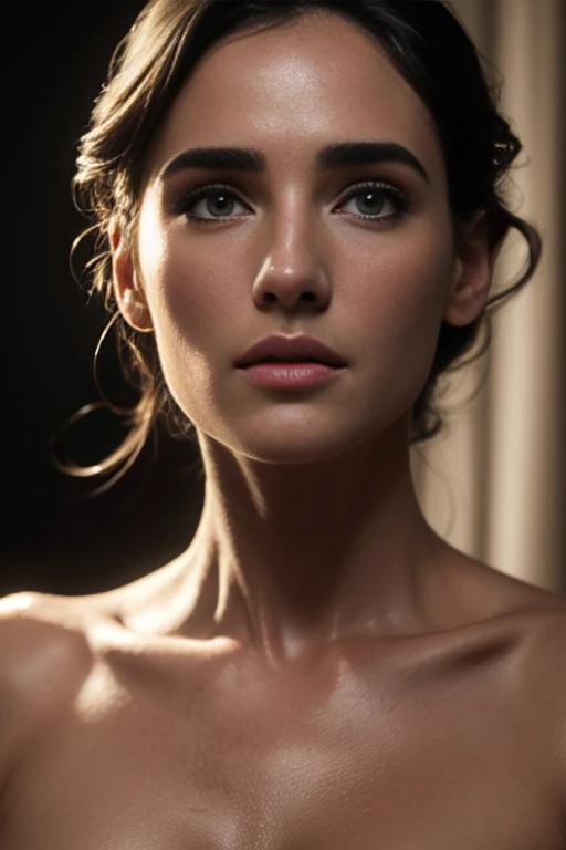 beautiful detailed eyes, beautiful detailed lips, extremely detailed eyes and face, long eyelashes, Jennifer Connelly, nude, dramatic lighting, dramatic shadows, smooth skin, flawless skin, hyper realistic, intricate details, cinematic, dramatic atmosphere, chiaroscuro lighting, soft focus, high contrast, warm color tones