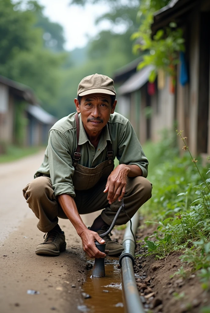 An Indonesian man is sitting squatting wearing his pants down, a black snake comes out of his pants, behind a Javanese village house.