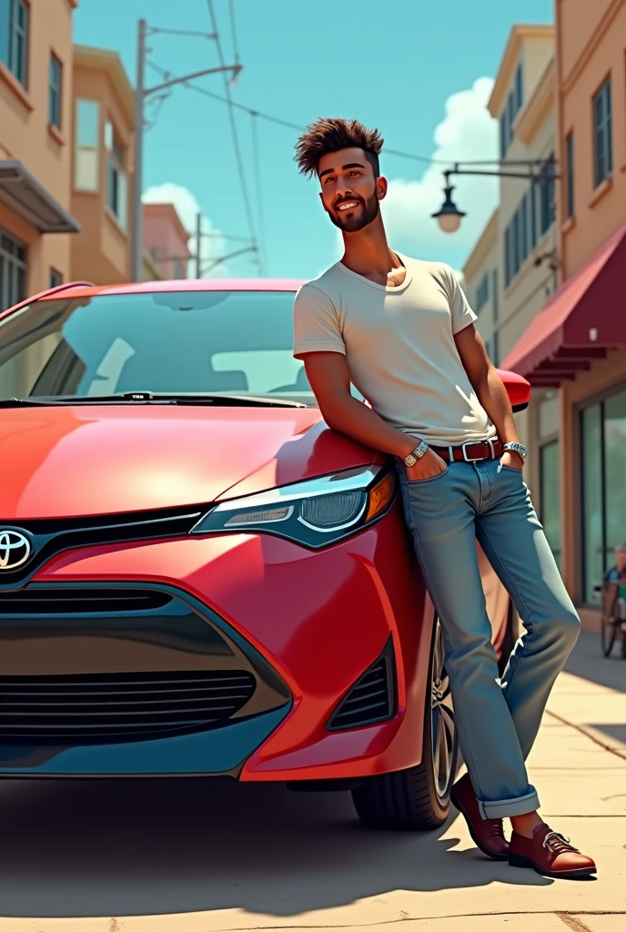 Create a picture of a young man. The man has brown hair. The man has a cap on. The man is wearing shorts. The man smokes a cigarette. The man has an angular face. The man kneels in the Russian squat in front of a new car Mini Countryman. The new car Mini countryman is beige.The man looks forward. The man is wearing white running shoes. The man is well trained.
