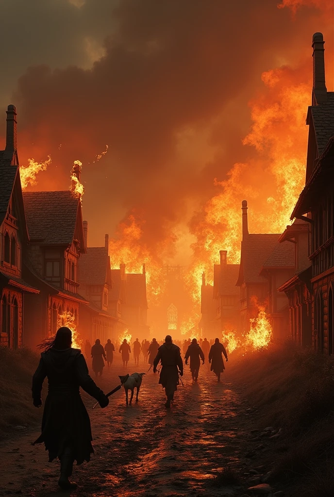 village in chaos,fire in houses,smoke,people and horses running,wild west,dust,artwork,3d,4k,detailed,realistic