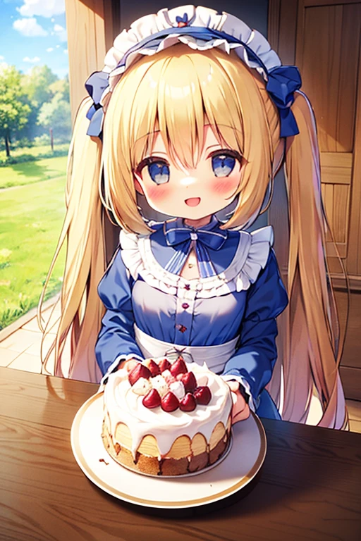 A happy smile,make sweets, (gateau chocolat1.1),Delicious sweets,Highest quality,Blonde with blue eyes、****ta、Small breasts、Twin tails、girl&#39;enjoy,smile,bonnet,