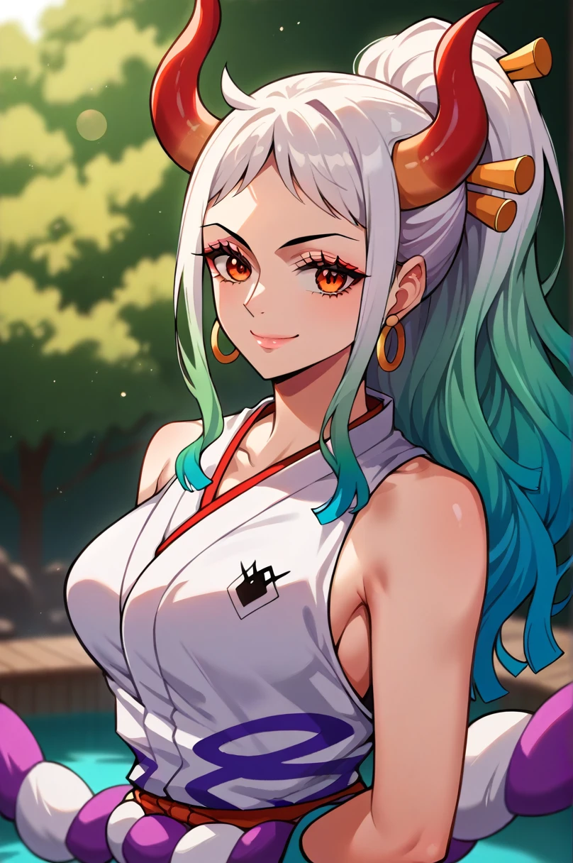 score_9,score_8_up,score_7_up,score_6_up, yamato \(one piece\), 1girl, solo, japanese clothes, multicolored hair, jewelry, earrings, sleeveless kimono, hair ornament, kimono, curled horns, long hair, oni,  smile, rope, breasts, hair stick, sleeveless, shimenawa,  closed mouth, hoop earrings, bare shoulders,  ponytail，, (Flowing hair:1.2), , sexy pose, Perfect body, Beautiful and delicate eyes, beautiful lips, extremely detailed face, long eyelashes,, photoactual, bright colors, Bokeh, portrait, Vibrant color palette, Stunning studio lighting，Big ，Leak points，Hot springs