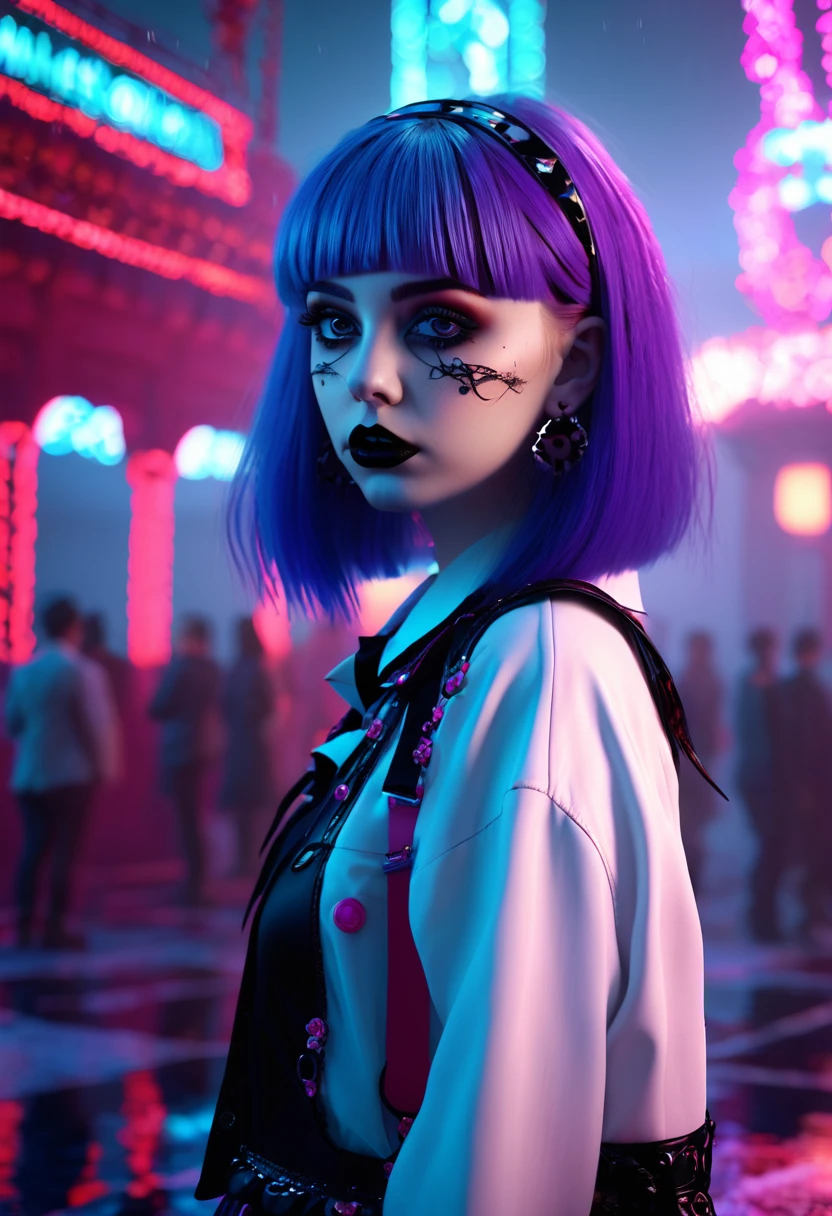 scary color art, Lolita Goth, The Beginning, Cybergoth, matte painting, highly detailed, cgsociety, hyperrealistic, --no dof, --ar 16:9