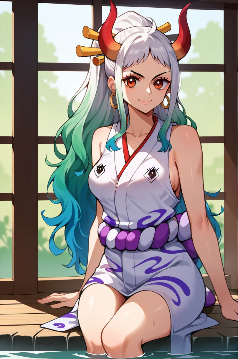 score_9,score_8_up,score_7_up,score_6_up, yamato \(one piece\), 1girl, solo, japanese clothes, multicolored hair, jewelry, earrings, sleeveless kimono, hair ornament, kimono, curled horns, long hair, oni,  smile, rope, breasts, hair stick, sleeveless, shimenawa,  closed mouth, hoop earrings, bare shoulders,  ponytail，, (Flowing hair:1.2), , sexy pose, Perfect body,，Hot springs