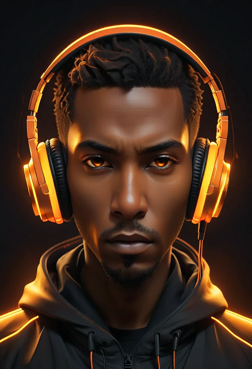 shawt in a Futuristic audio visualization, glowing orange headphones, abstract human silhouette, dark background, neon sound waves, digital art, cyberpunk aesthetic, 3D render, high contrast, symmetrical composition, sleek design, immersive audio experience, vibrant energy lines, pulsating rhythm, sci-fi mood, hyper-realistic detail, volumetric lighting, cinematic atmosphere, electronic music concept
