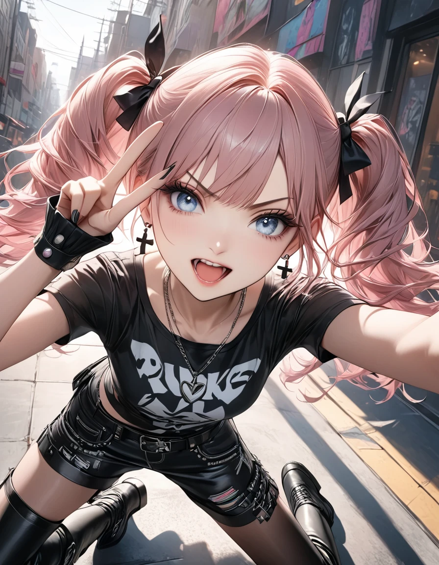 anime、((Amazingly absurd)),(masterpiece:1.2),超High resolution, Attention to detail, high quality, High resolution, 最high quality, 4K, 8k、One woman,Gal,Make a peace sign,Exquisite face,anger,angerのマーク,Pink Hair,Twin tails,Cross Necklace,Earrings,Punk rock outfit,Black boots