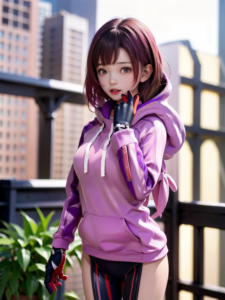 masterpiece, best quality, highres, aaroboco, android, long hair, gradient hair, mechanical arms, mechanical legs, hood, hood down, pink hoodie, long sleeves, gloves, standing, cowboy shot, street,