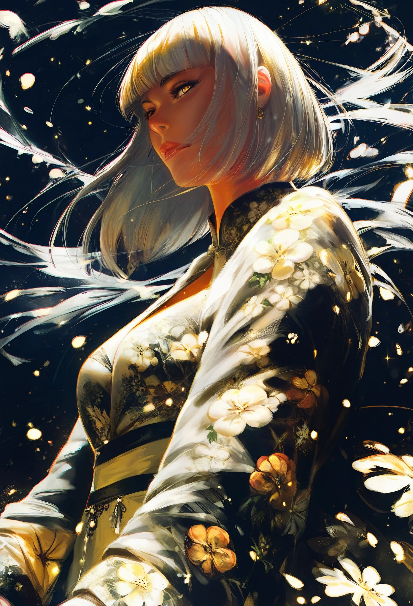 score_9, score_8_up, score_7_up, score_6_up, 1girl, black Kimono, floral golden patterns, blunt bangs, bob cut, white hair, yellow eyes, elegant, sophisticated, 4K resolution, perfect lighting, perfect colors, perfect perspective, balanced composition,High quality, cinematic, dramatic, vibrant colors, bold and dynamic, intricate, detailed, dark background, dramatic ligthing,
