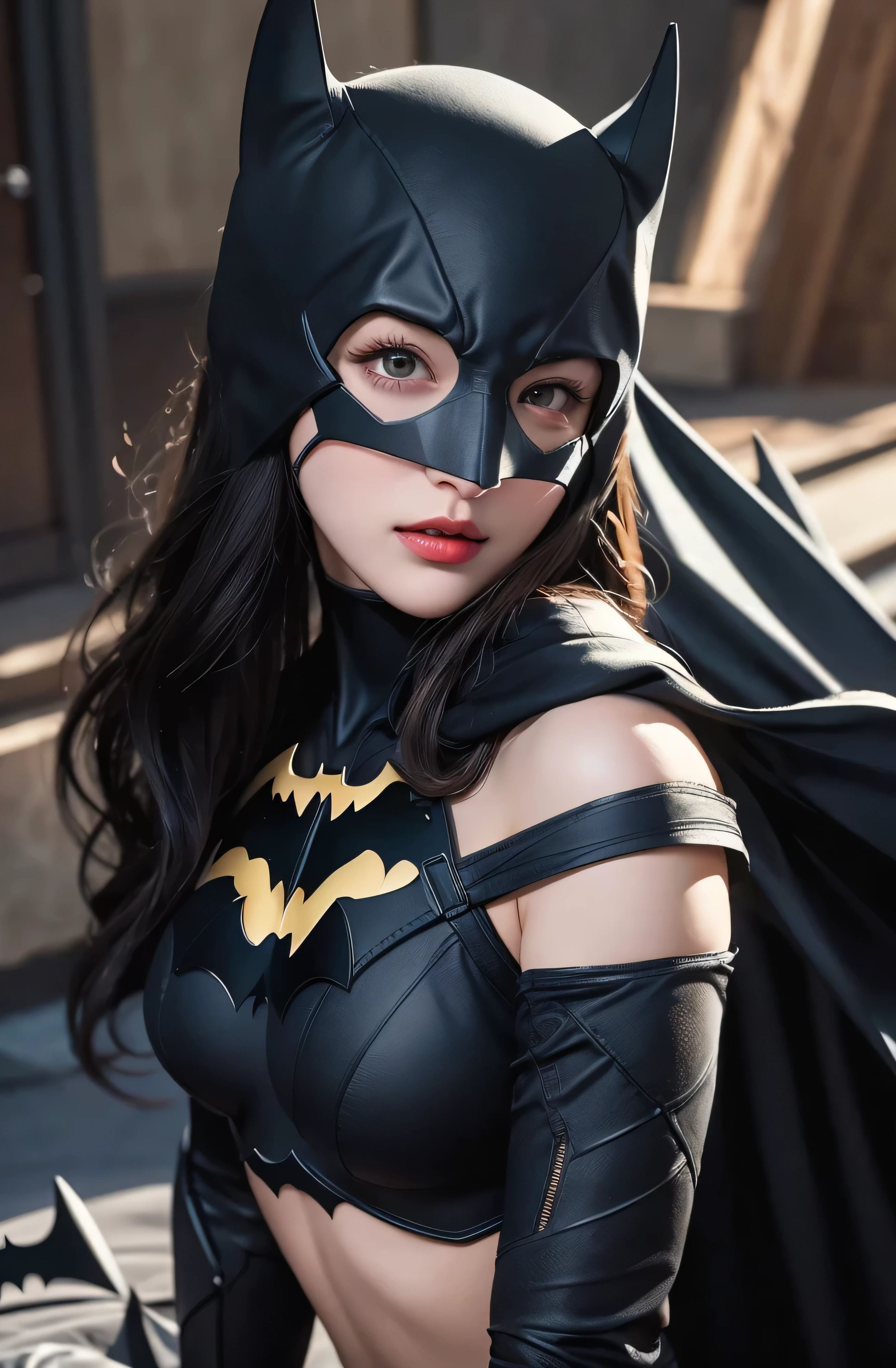 ８k quality、((best quality)), ((masterpiece)), (detailed), 1girl,Batman&#39;s Suit、Nipple piercing、Big Breasts、The areola is small、Brown nipples、Place your fingers on your nipples、Cute Japanese、woman、Light in your eyes,Accentuate the cleavage、