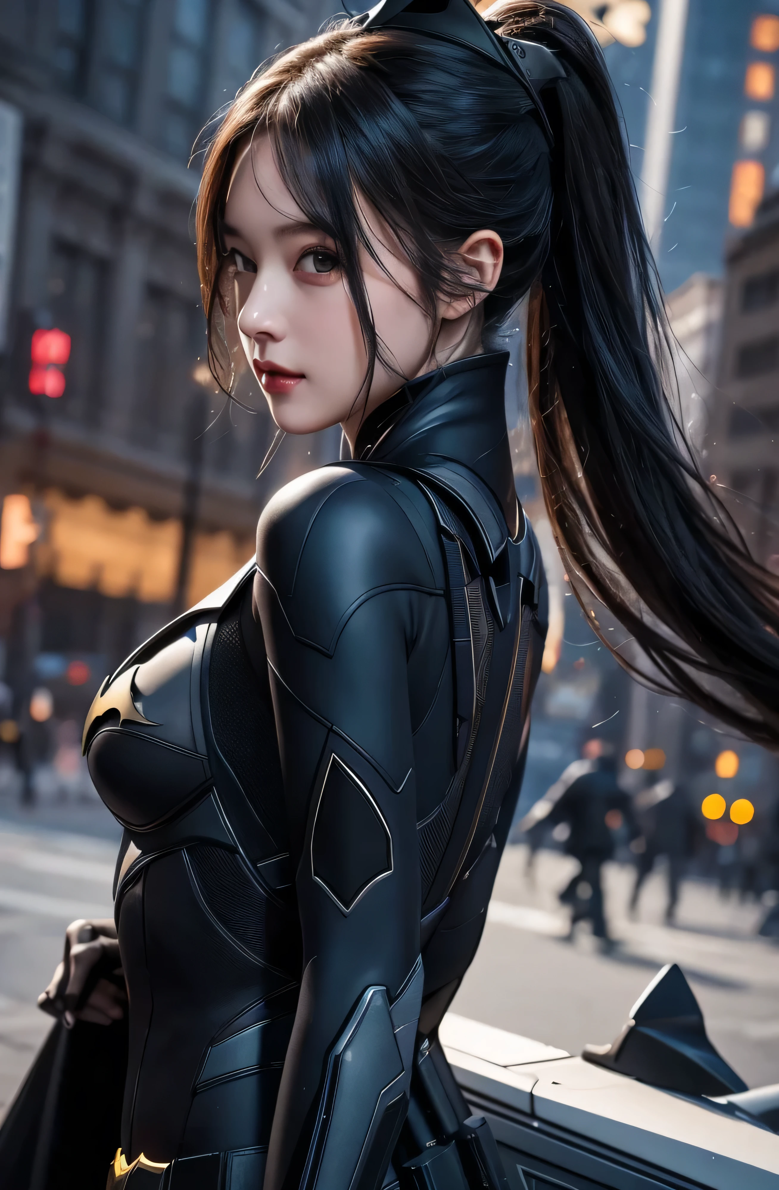 ８k quality、((best quality)), ((masterpiece)), (detailed), 1girl,Batman&#39;s Suit、Nipple piercing、Big Breasts、The areola is small、Brown nipples、Place your fingers on your nipples、Cute Japanese、woman、Light in your eyes,Accentuate the cleavage、Batman&#39;s Suit