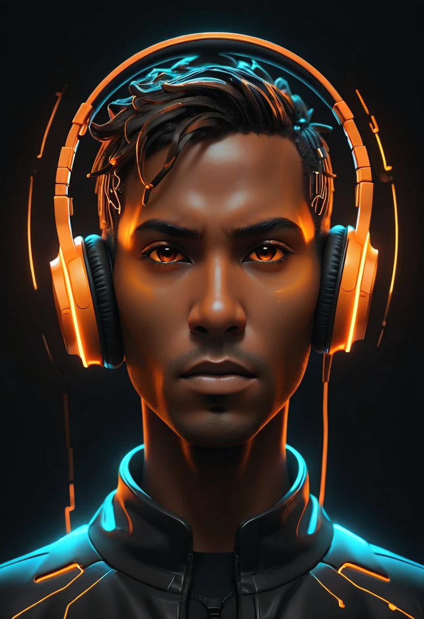 shawt in a Futuristic audio visualization, glowing orange headphones, abstract human silhouette, dark background, neon sound waves, digital art, cyberpunk aesthetic, 3D render, high contrast, symmetrical composition, sleek design, immersive audio experience, vibrant energy lines, pulsating rhythm, sci-fi mood, hyper-realistic detail, volumetric lighting, cinematic atmosphere, electronic music concept
