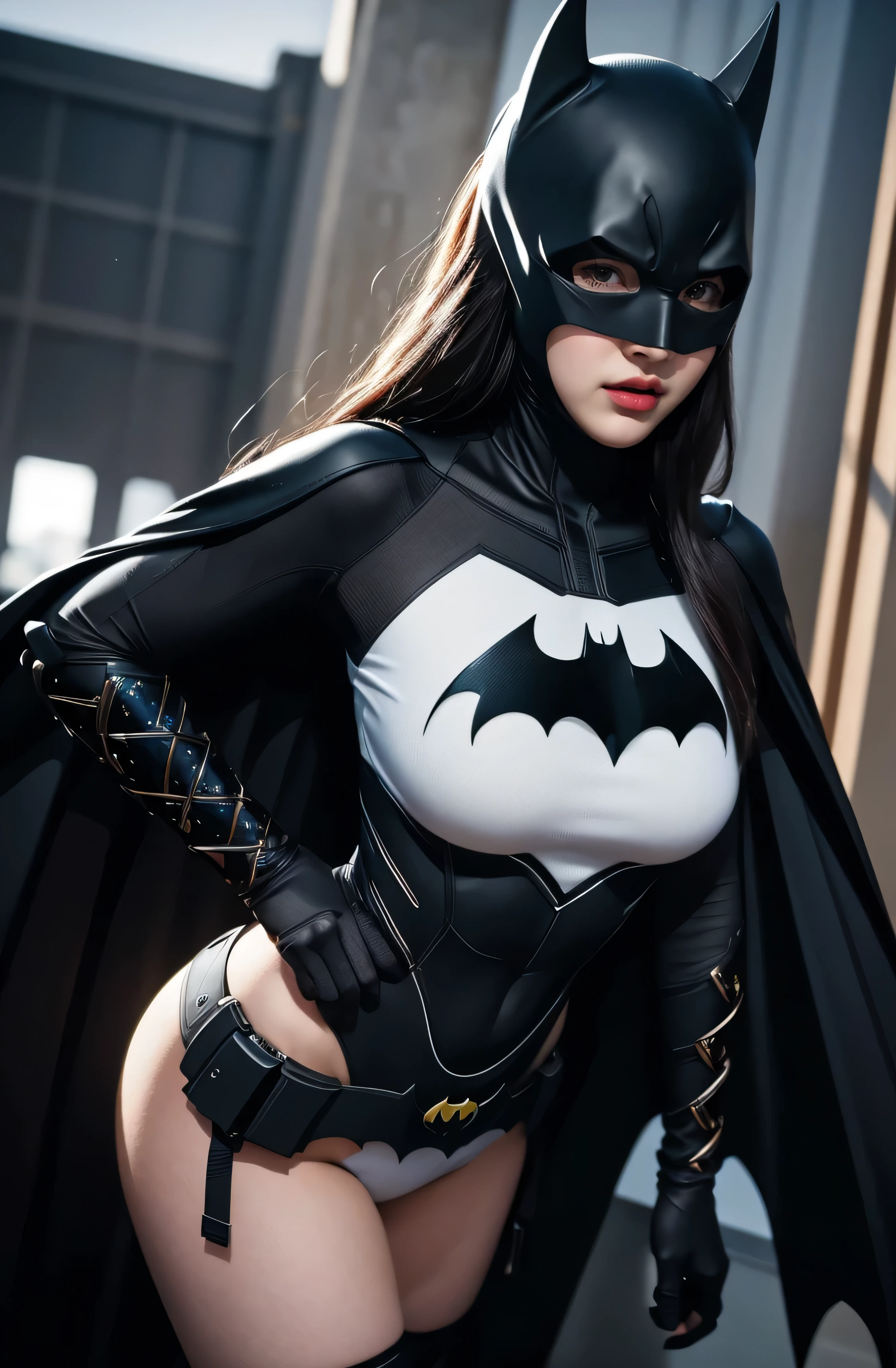 ８k quality、((best quality)), ((masterpiece)), (detailed), 1girl,Batman&#39;s Suit、Nipple piercing、Big Breasts、The areola is small、Brown nipples、Place your fingers on your nipples、Cute Japanese、woman、Light in your eyes,Accentuate the cleavage、Batman&#39;s Suit