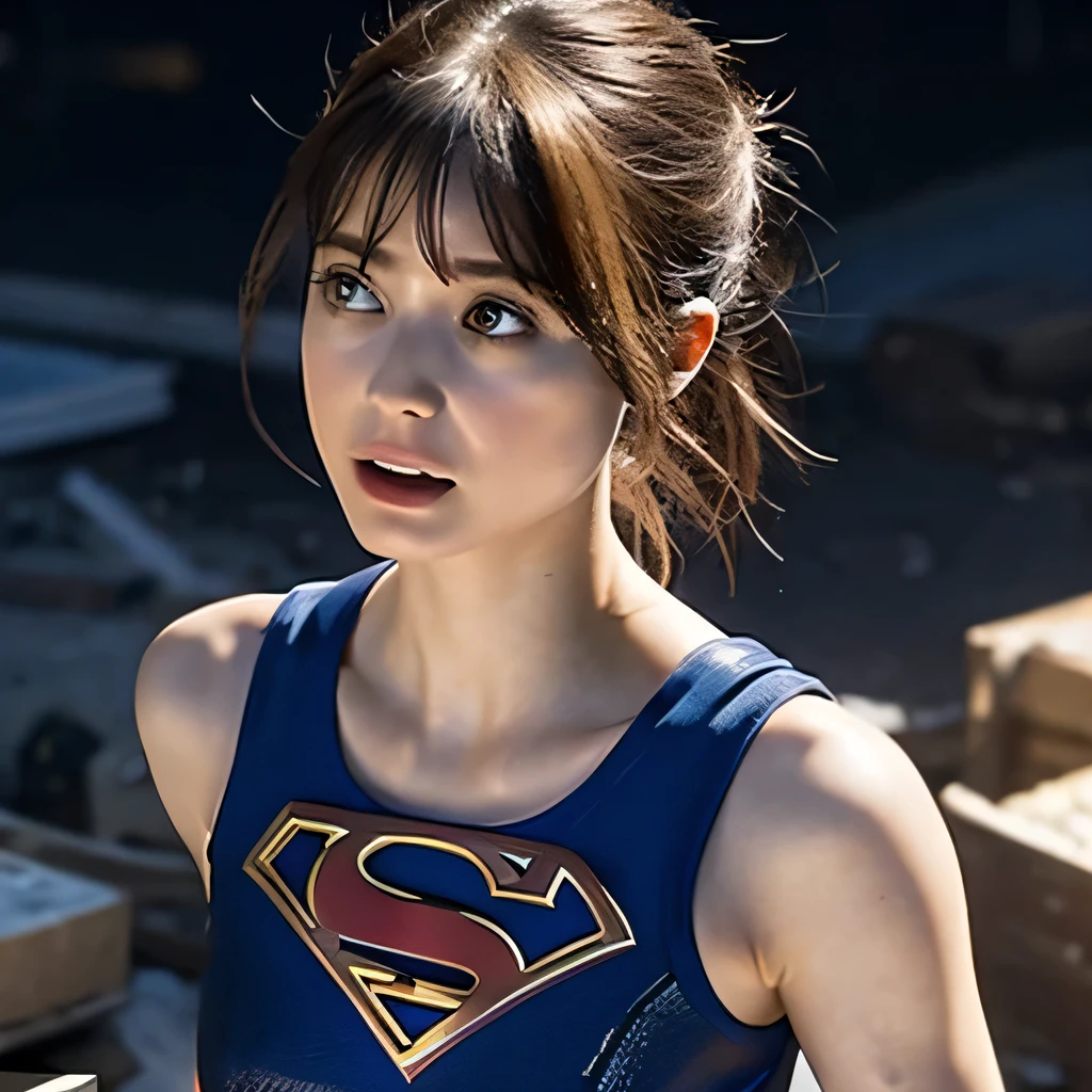 Supergirl, Beautiful Supergirl, 29 years old, Height : 152 CM, Trapped in a cave, midday, supergirl tanktop costume, hair tied, hair bangs, Supergirl was sweating profusely, Supergirl had wet sweat on her chest, Supergirl had wet sweat on her head, Supergirl is shocked, Supergirl looks up, Supergirl looks scared, Supergirl screamed in pain, supergirl defeated, supergirl tanktop costume is torn, Supergirl fights against a giant, Supergirl is seriously injured, Supergirl cried, supergirl in peril