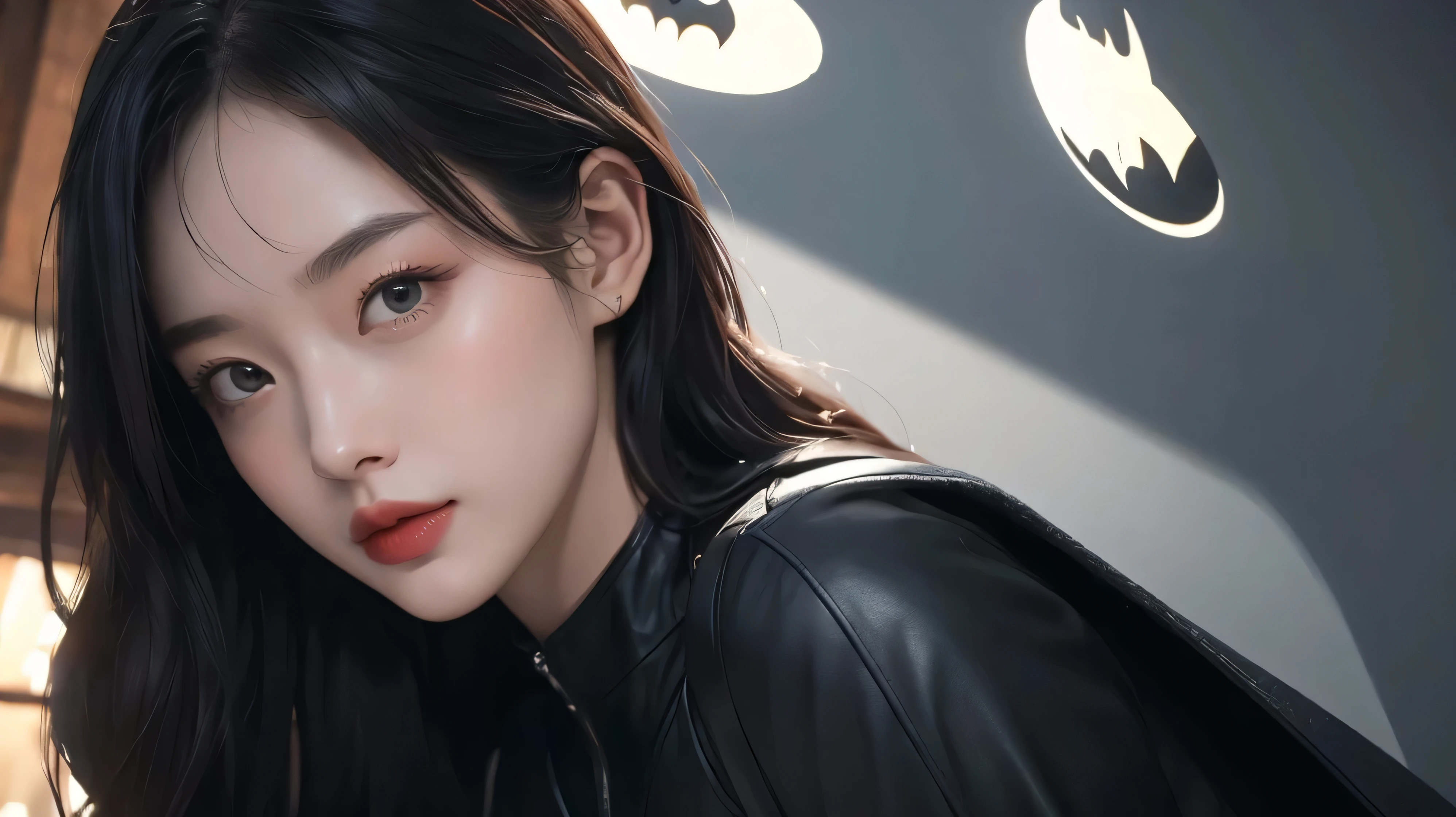 ８k quality、((best quality)), ((masterpiece)), (detailed), 1girl,Batman&#39;s Suit、Big Breasts、The areola is small、Pink nipples、Place your fingers on your nipples、Cute Japanese、woman、Light in your eyes,Accentuate the cleavage、Batman&#39;s Suit