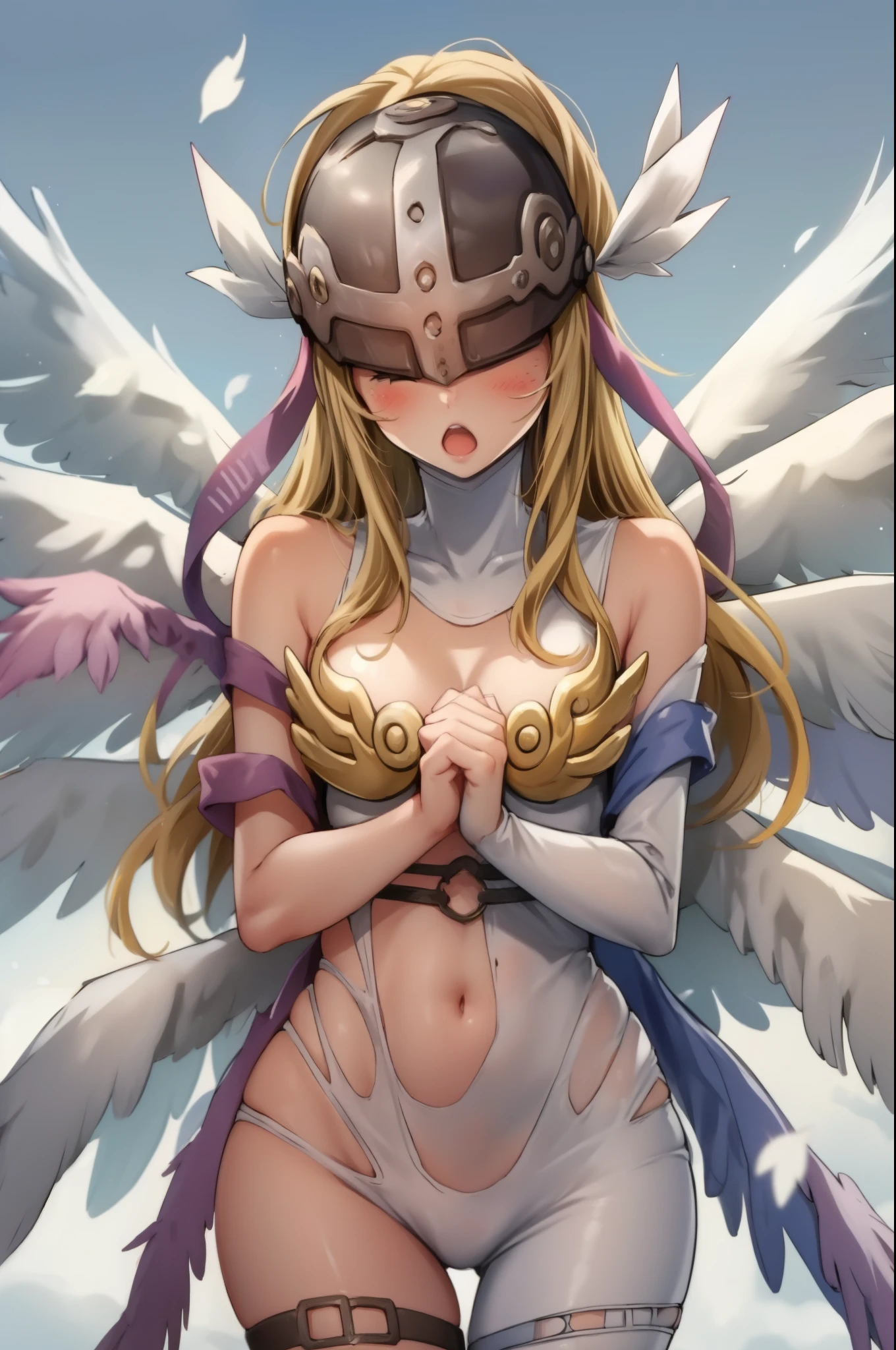 (masterpiece, best quality),  intricate details,
1girl,    angewomon, blonde hair, (covered eyes:1.7), long hair,, angel wings, bare shoulders, elbow gloves, feathered wings, gloves, head wings, helmet, navel, pink ribbon, ribbon, single elbow glove, single glove, thigh strap, wings, 
 ganbaruzoi, open mouth, :o, clenched hands, v-shaped eyebrows, upper body,