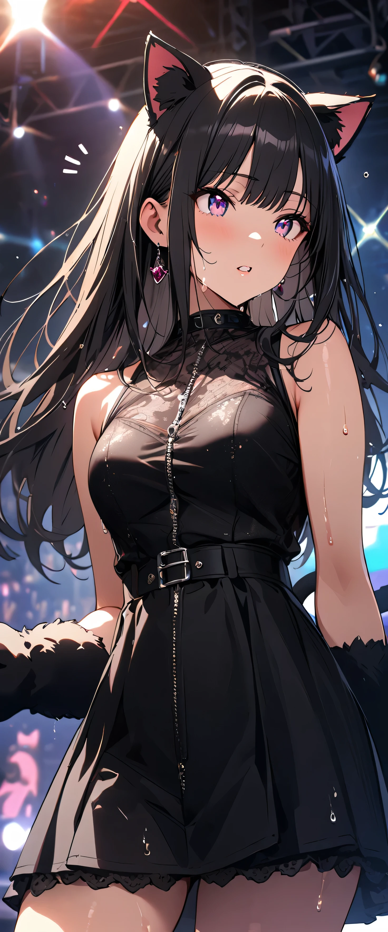 (beautiful girl: 1.3),1girl,masterpiece, Highest quality, Ultra-high resolution,rich contrast,super high quality,8k,Highly detailed CG unit wallpaper,texture,Incredibly absurd,Ultra-high resolution,RAW Photos,Depth of Field 1.2,(Black Hair,Straight Hair),Ultra-detailed eyes,Glowing Skin,wet,(((sweat))),Glitter effect,Beautiful glossy lips,Live Performance Venues,Super large stage,BLA4CKC4T,cat ears,animal ears,animal hands,tail,((Notice something)),Look to the side,(Surprised)