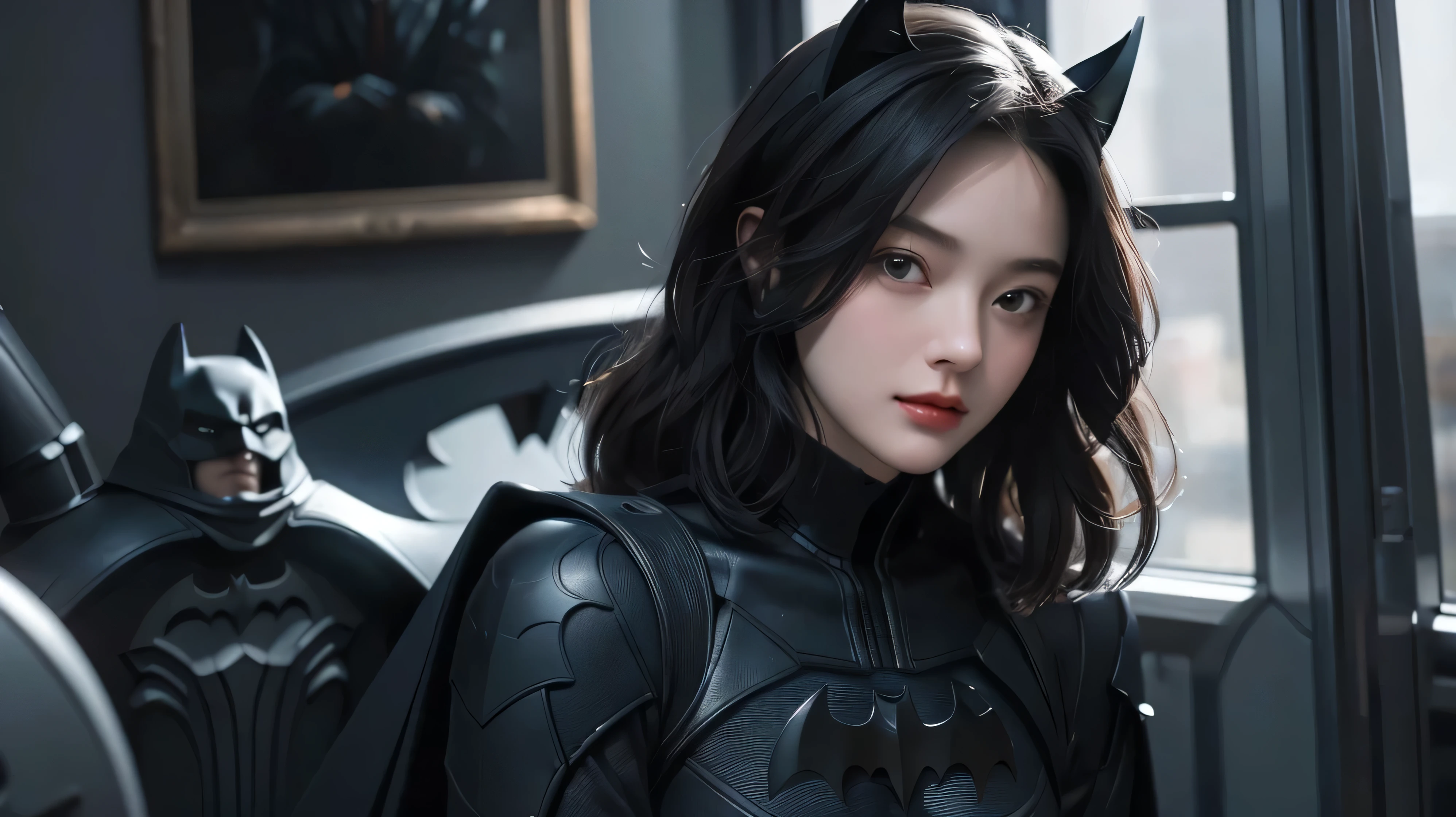 ８k quality、((best quality)), ((masterpiece)), (detailed), 1girl,Batman&#39;s Suit、Big Breasts、The areola is small、Pink nipples、Place your fingers on your nipples、Cute Japanese、woman、Light in your eyes,Accentuate the cleavage、Batman&#39;s Suit