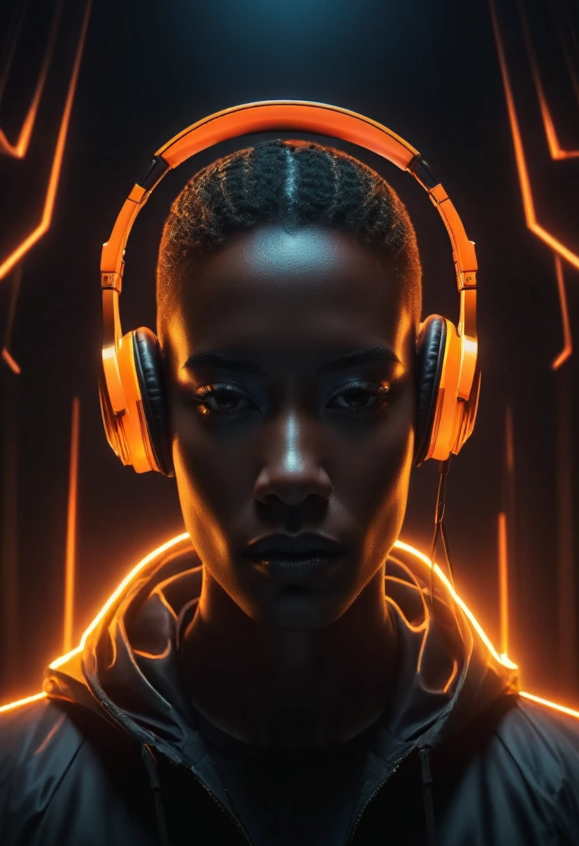 shawt in a Futuristic audio visualization, glowing orange headphones, abstract human silhouette, dark background, neon sound waves, digital art, cyberpunk aesthetic, 3D render, high contrast, symmetrical composition, sleek design, immersive audio experience, vibrant energy lines, pulsating rhythm, sci-fi mood, hyper-realistic detail, volumetric lighting, cinematic atmosphere, electronic music concept
