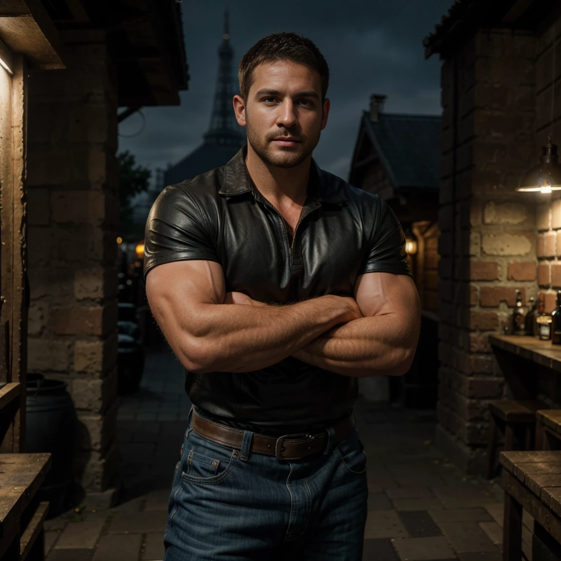 1man, chris redfield, A full body shot of a charismatic male fitness model, 30 years old，small beard, Sexy and charming expression，gloomy eyes，Blue eyes, muscular male, captured arms crossed in eiffel tower at night, dressed in rustic clothing made of leather and thick fabrics, night city lighting, cinematic and moody, (best quality,4k,8k,highres,masterpiece:1.2),ultra-detailed,(realistic,photorealistic,photo-realistic:1.37),HDR,studio lighting,professional,vivid colors,dramatic lighting