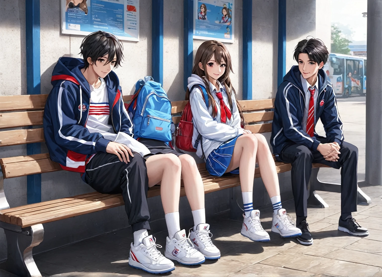 1man,1girl,a men and a women are sitting on a wooden bench in a station waiting room.. The girl is highschool student,beautiful girl,small breasts,skinny,woman on the left is dressed in a navy blue jacket with a white shirt and a red tie and navy pleated mini skirt.The girl is wearing a blue school bag over her right shoulder.,. The man on the right is wearing a blue zip up hoodie with a red and white striped tie and black pants. His shoes are black with white laces. His hair is short and dark brown. The man takes out his penis and jerks it off.the man is masturbating, exhibitionist,There is an advertising sign and timetable posted on the wall behind the bench., casting a shadow on the ground.,,penis,The girl looks embarrassed looking at the penis..,(cum:1.7),smile,