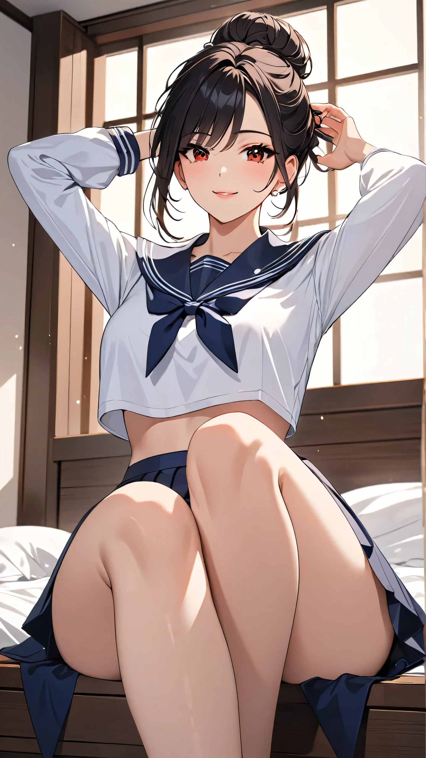 Highest quality　masterpiece　High resolution　masterpiece, black messy bun hair,　　Red Eyes, , wearing long sleeves sailor uniform, seductive smile, tight, bedroom, crop top ovehang, mature female, , skirt, , adjusting hair, sexy body, make up, sit, look from below