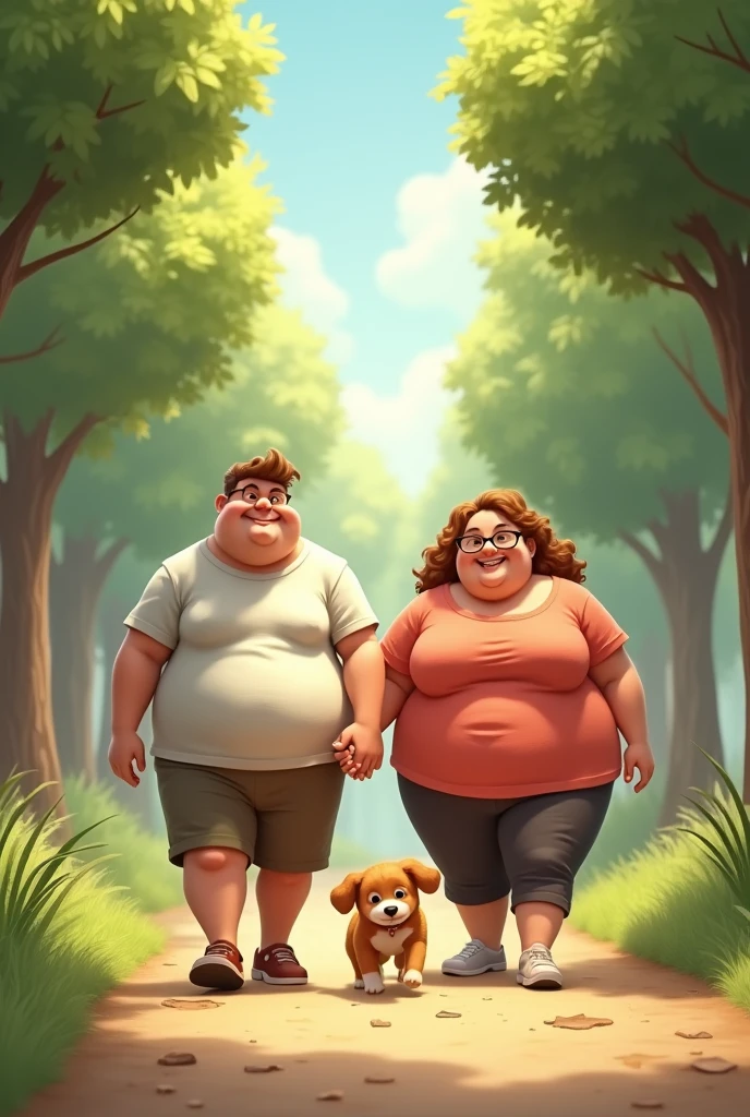 A fat women walking on canada road near ger house with her long husband . while one dog ran on her back to bite her, she cries and ran to save her self and her husband also ran forward but women's foot get bend and injured,  the Dog is running behind of both couple, the men have no hair on head only moshtash with beared on chin only
