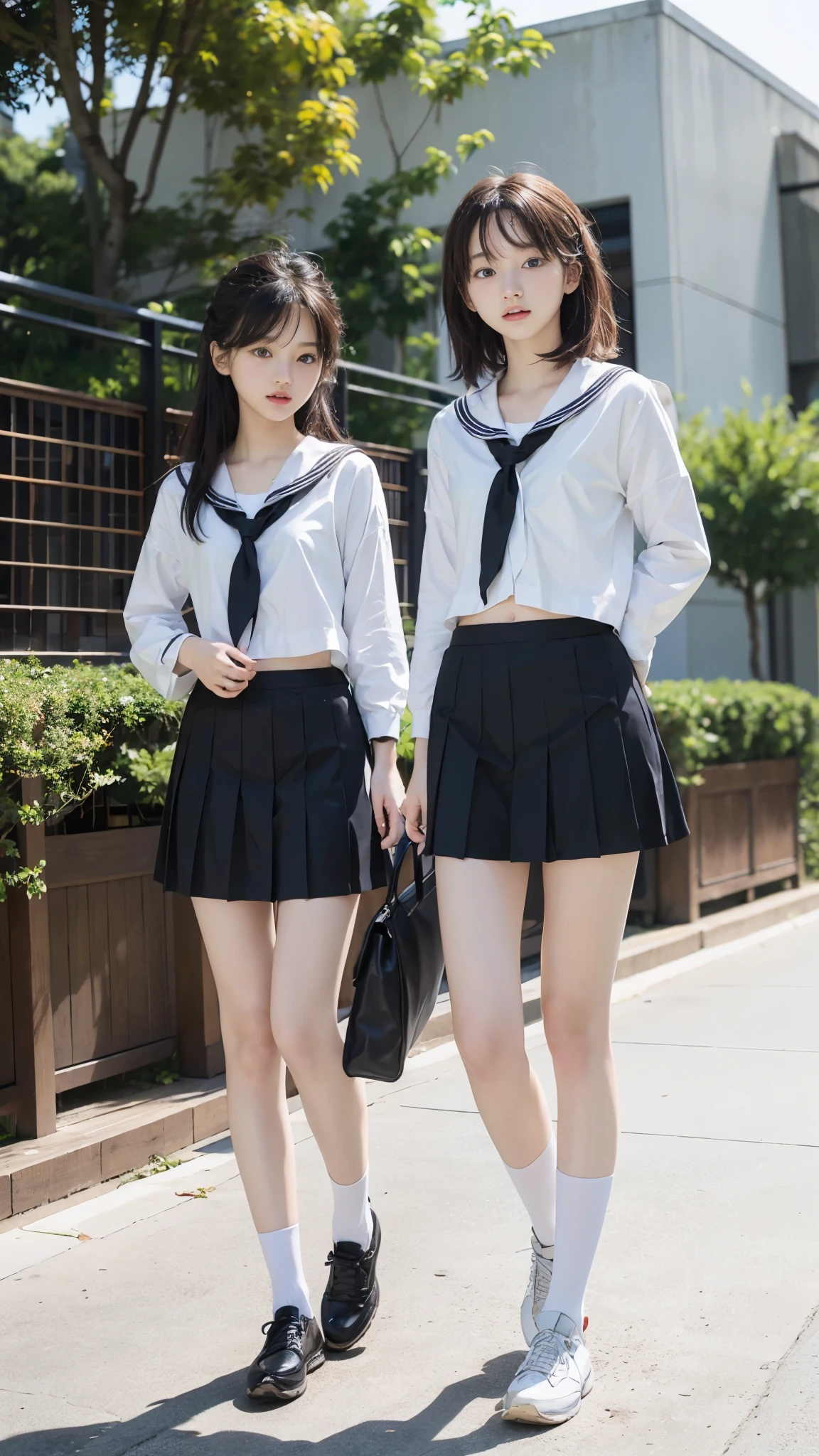 High detail, Textured skin, Very detailed, Ultra high definition, High-resolution model, Detailed face、bare navel、Twins, two girls, two high school girls、(((flat chest))), (flat chest:1.1)、 14years、a junior high school student、School Uniforms、Cute, young, (Full body:1.3)、Ultra-detail、​masterpiece、top-quality、超A high resolution、8K high image quality、Photogenic clarity、A detailed eye、Real live-action、Spring outdoor、Model Standing、Beautiful posture、High detail, Textured skin, Very detailed, Ultra high definition, High-resolution model, 