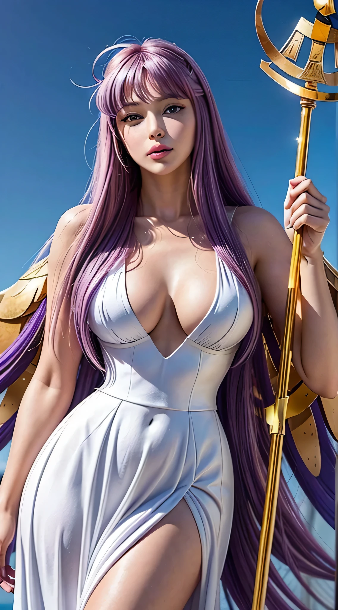 big breasts, 1 girl, ((Saori Kido - Athena)) with full breasts, Her hair is light violet or purple in the anime., and his eyes are green. Her hair is quite long and abundant.., She has a slim and curvy body, a delicate face and pink lips, long white dress, has a youthful appearance, quality, realistic, best quality, sexy position, Evening, ruins of ancient greece (((holding her staff of Athena ))),(((she is completely naked masterpiece)))
