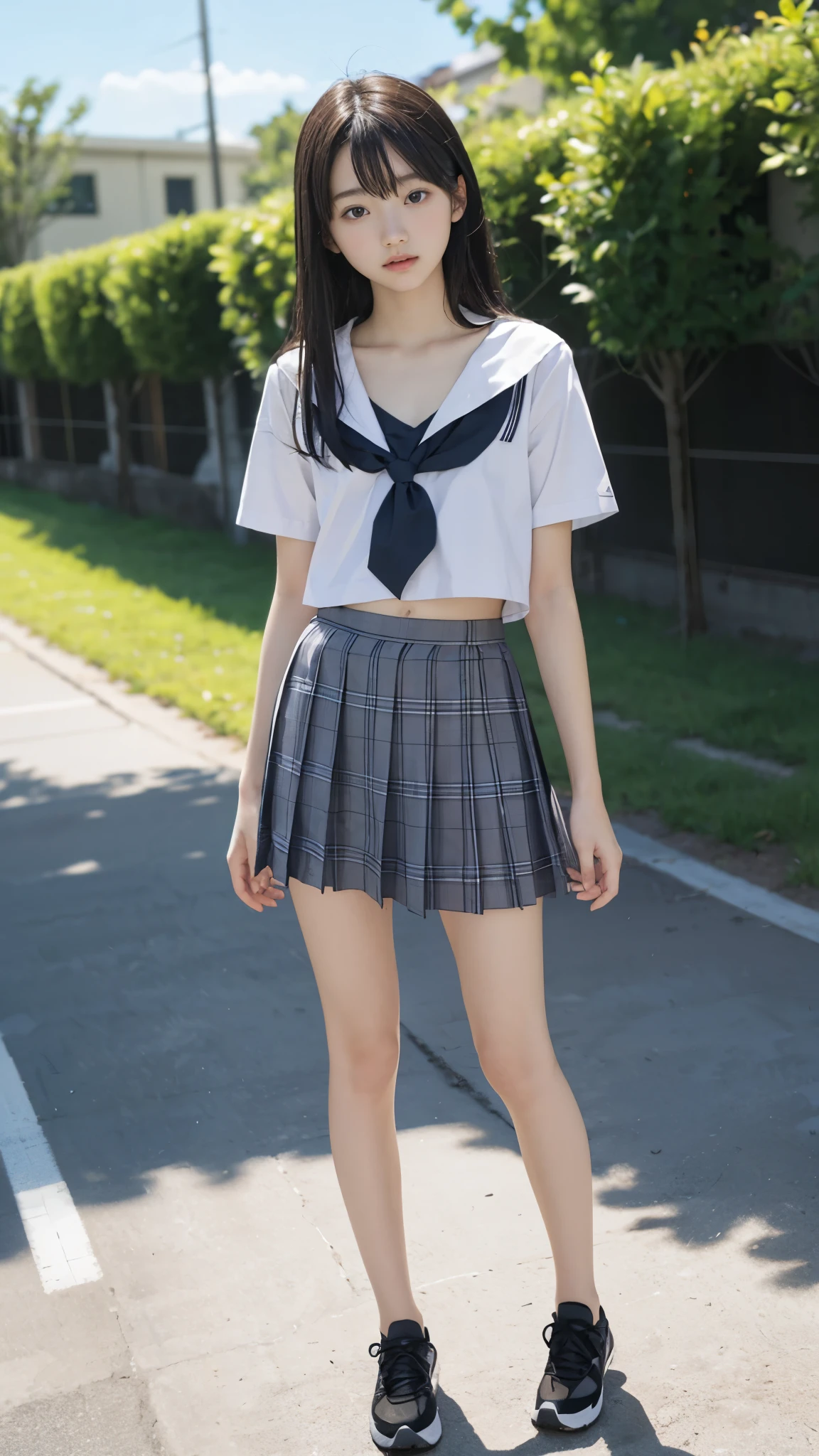 High detail, Textured skin, Very detailed, Ultra high definition, High-resolution model, Detailed face、bare navel、Twins, two girls, two high school girls、(((flat chest))), (flat chest:1.1)、 14years、a junior high school student、School Uniforms、Cute, young, (Full body:1.3)、Ultra-detail、​masterpiece、top-quality、超A high resolution、8K high image quality、Photogenic clarity、A detailed eye、Real live-action、Spring outdoor、Model Standing、Beautiful posture、High detail, Textured skin, Very detailed, Ultra high definition, High-resolution model, 