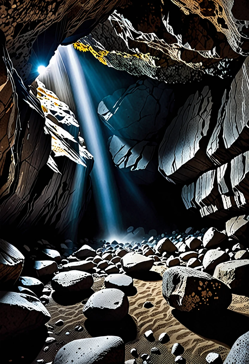 Photo Quality、A dark underground cave with many large rocks falling into it