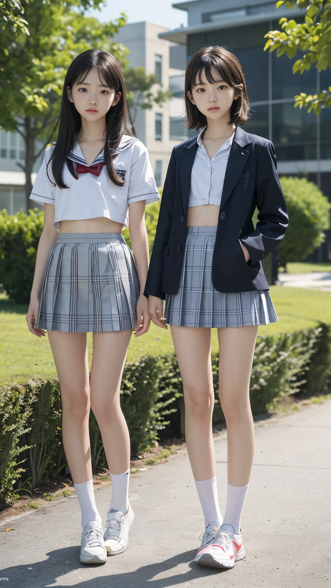 High detail, Textured skin, Very detailed, Ultra high definition, High-resolution model, Detailed face、bare navel、Twins, two girls, two high school girls、(((flat chest))), (flat chest:1.1)、 14years、a junior high school student、School Uniforms、Cute, young, (Full body:1.3)、Ultra-detail、​masterpiece、top-quality、超A high resolution、8K high image quality、Photogenic clarity、A detailed eye、Real live-action、Spring outdoor、Model Standing、Beautiful posture、High detail, Textured skin, Very detailed, Ultra high definition, High-resolution model, 