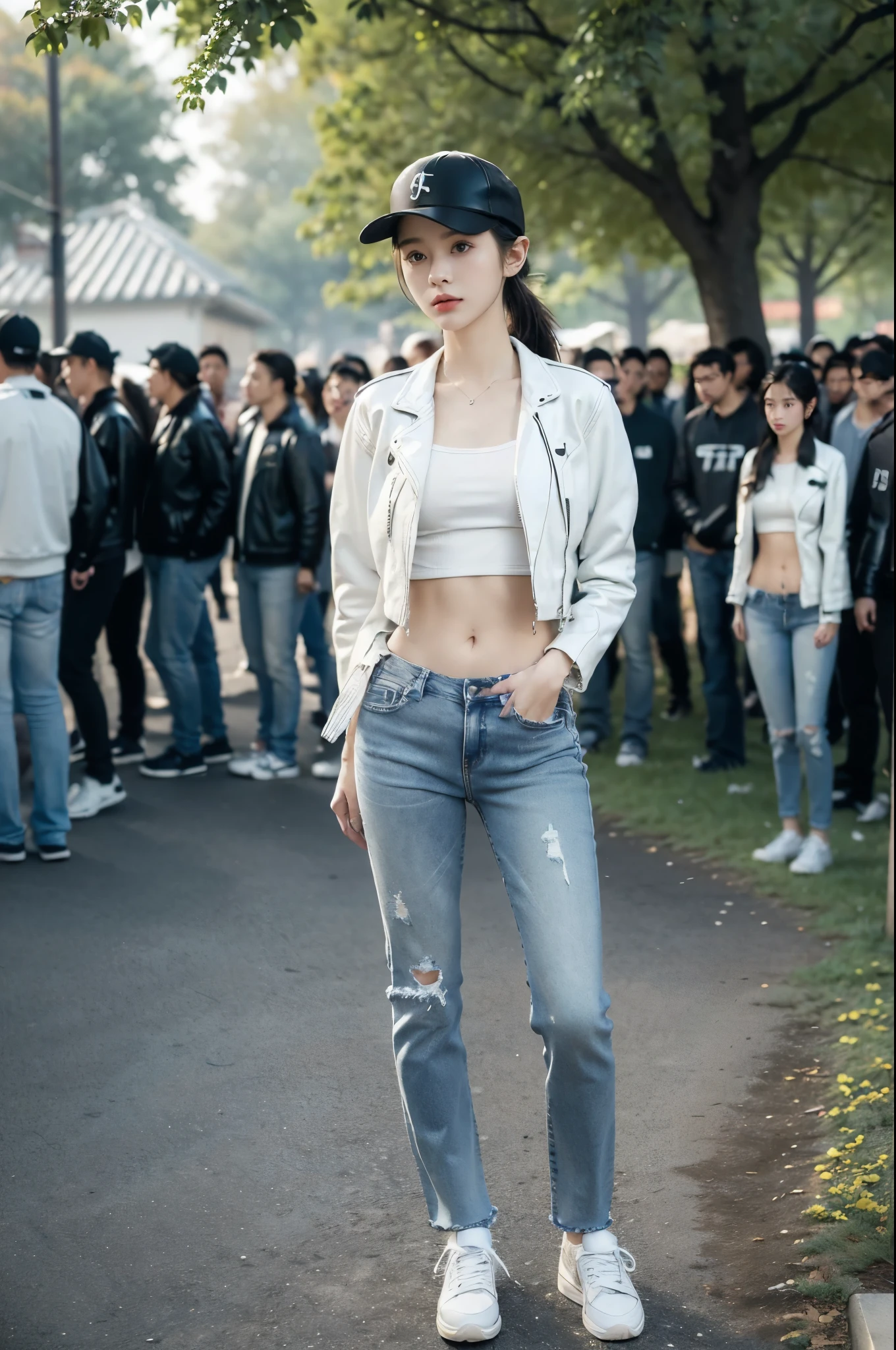 (((best quality))),(((ultra detailed))),(((masterpiece))),illustration,((1 beautiful girl,solo)),((slim,thin)),((small breasts,flat chest)),fashionable,(short ponytail:1.2),(white baseball cap:1.3),(black leather jacket:1.3),(navel:1.2),(tight jeans:1.3),(white sneakers:1.2),(slender legs:1.2),(standing:1.3),(arms behind back:1.3),waiting,contemplative gaze, serene dusk atmosphere, school gate, modern architecture, overcast sky,(surrounded by crowded crowds:1.5),solitary trees, warm ambiance, adolescent innocence, campus life,(early autumn:1.3),((from front,full body))