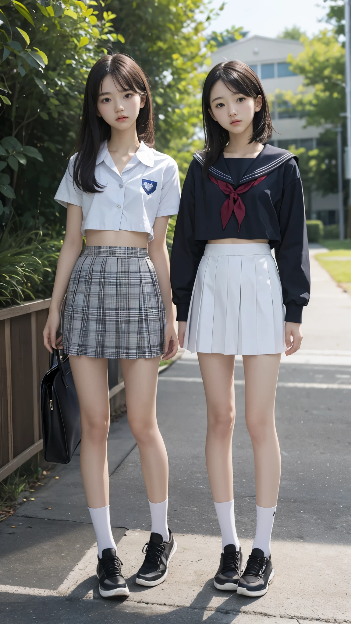 High detail, Textured skin, Very detailed, Ultra high definition, High-resolution model, Detailed face、bare navel、Twins, two girls, two high school girls、(((flat chest))), (flat chest:1.1)、 14years、a junior high school student、School Uniforms、Cute, young, (Full body:1.3)、Ultra-detail、​masterpiece、top-quality、超A high resolution、8K high image quality、Photogenic clarity、A detailed eye、Real live-action、Spring outdoor、Model Standing、Beautiful posture、High detail, Textured skin, Very detailed, Ultra high definition, High-resolution model, 