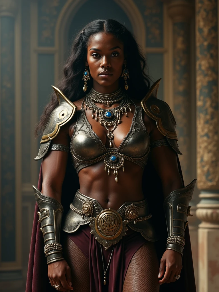 a stunning femme fatale warrior woman, athletic body, wearing revealing leather armor, long flowing hair in braids, accompanied by a large gray wolf, full body pose, dramatic lighting, fantasy, cinematic, intricate detailed rendering, photorealistic, (best quality,8k,highres,masterpiece:1.2),ultra-detailed,(realistic,photorealistic,photo-realistic:1.37),HDR,UHD,studio lighting,extremely detailed face and eyes,beautiful detailed lips,longeyelashes,cinematic dramatic lighting,intense vivid colors,chiaroscuro