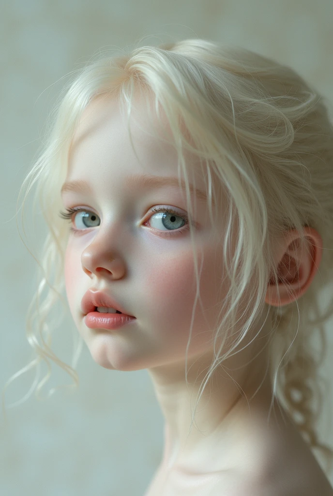 Young girl with pale skin, delicate features, small mouth with full lips, big sky blue eyes, with freckles all over her face and long, white curly hair