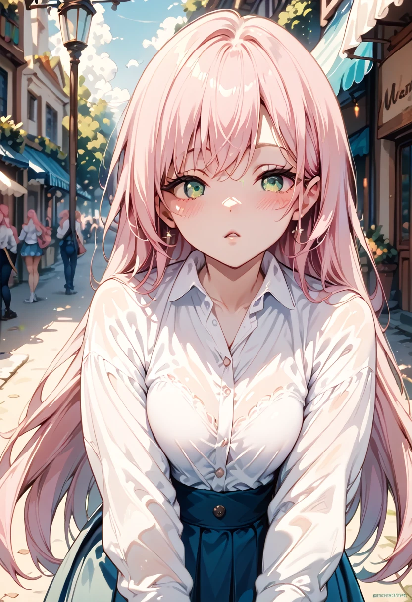 (masterpiece), (best quality), (high resolution), (expressive eyes), (perfect face), (clothed), (pink hair), (straight long hair), (green eyes), flushed face, blush,