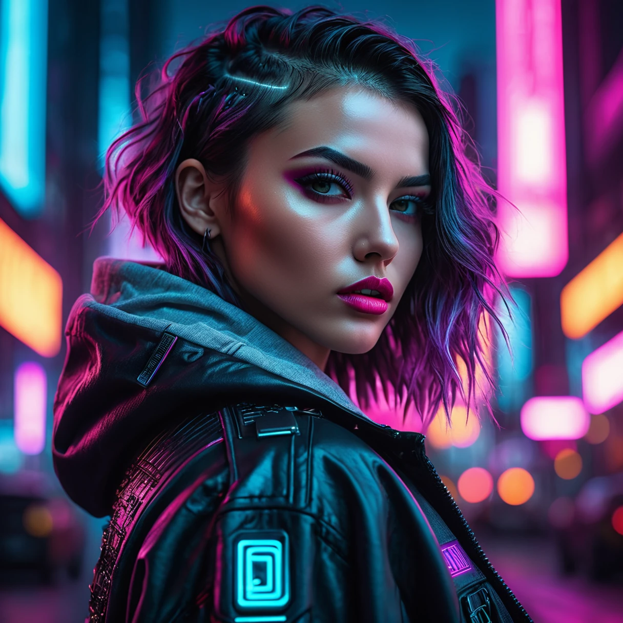 a beautiful cyberpunk girl in detailed streetwear, dramatic cinematic lighting, sharp focus, volumetric lighting, studio quality, concept art, bright colors, 4k, extremely detailed portrait, realistic, photorealistic, photo-realistic:1.37, best quality,4k,8k,highres,masterpiece:1.2,ultra-detailed, beautiful detailed eyes, beautiful detailed lips, extremely detailed eyes and face, long eyelashes, dynamic pose, moody atmosphere, neon city background, dystopian future, vibrant colors, high contrast, intricate details