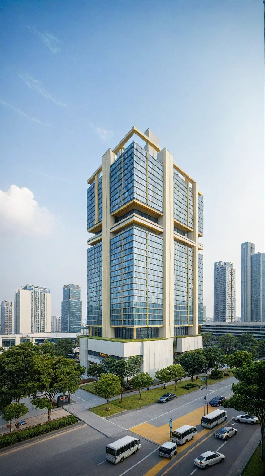 shangyejie, a residential towers, with a small podium at the ground floor and white color, in the Ho Chi Minh city in Viet Nam, designed in the style of modern architectural style. light yellow, random color, The towers have rectangular balconies on each side.side view,During the daytime, natural lighting, architectural photography, masterpiece, best quality, photorealism, ultra relistic, 