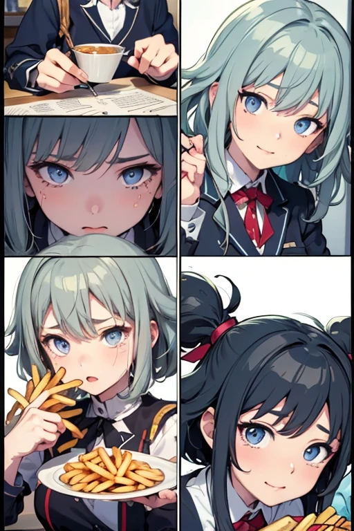 (((beautiful detailed)))(cute face:1.2)1girl, A girl stuffing her mouse with french fries, Girl crying while eating a french fries, Inside a 2000s-style diner, 2024s-style interior, light Navy blue hair, blue eyes, A short-sleeved white shirt with four vertical bow ties, Ahoge, long bob cut with fluffy hair(sharp lines:1.2)(clear line:1.2)(eye details:1.3)(thick border:1.4) animation cel style,ligne claire, limited palette((masterpiece, high quality, best quality))(high contrast: 0.5),Anna yanami, blue hair, blue eyes, school uniform, makeine, too many losing heroines, watercolor pencil, paper texture,Anna yanami, blue hair, blue eyes, school uniform, makeine, too many losing heroines, 