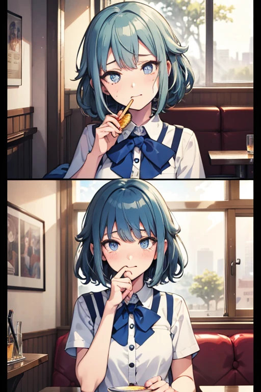 (((beautiful detailed)))(cute face:1.2)1girl, A girl stuffing her mouse with french fries, Girl crying while eating a french fries, Inside a 2000s-style diner, 2024s-style interior, light Navy blue hair, blue eyes, A short-sleeved white shirt with four vertical bow ties, Ahoge, long bob cut with fluffy hair(sharp lines:1.2)(clear line:1.2)(eye details:1.3)(thick border:1.4) animation cel style,ligne claire, limited palette((masterpiece, high quality, best quality))(high contrast: 0.5),Anna yanami, blue hair, blue eyes, school uniform, makeine, too many losing heroines, watercolor pencil, paper texture,Anna yanami, blue hair, blue eyes, school uniform, makeine, too many losing heroines, 